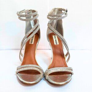 Steve Madden 9M Silver Sparkly Strappy Heels | Rhinestone Stilettos 4.5"